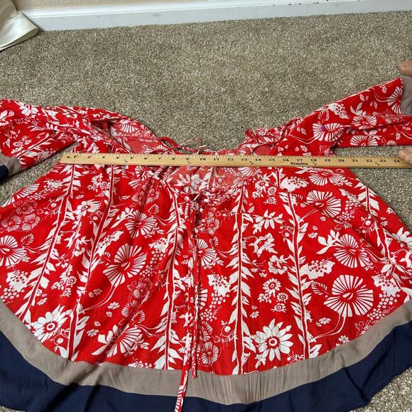 Double Zero blouse top flowy cold shoulder red/blue Hawaiian SZ SM 100% cotton - Picture 6 of 8